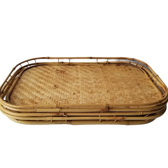 Vtg Rattan Bamboo Wicker Serving TV Trays Set of 4